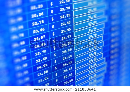 Business company financial balance Stock Quotes at real time at the stock exchange. business data stock screen and graph. Financial and stock exchange data on computer screen. Shallow DOF effect.