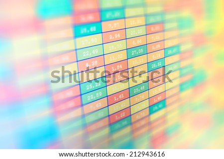 Abstract high tech background with graphs and diagrams. Stock market graph and chart. Data analyzing in forex market: the charts and quotes on display.  Monitor screen shows colorful vivid colors