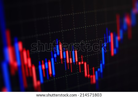 Stock exchange trade chart bar candles macro close-up. Shallow depth of field effect. Screen shows stock price rates live. Display of Stock market quotes. Background with stock diagram on monitor.