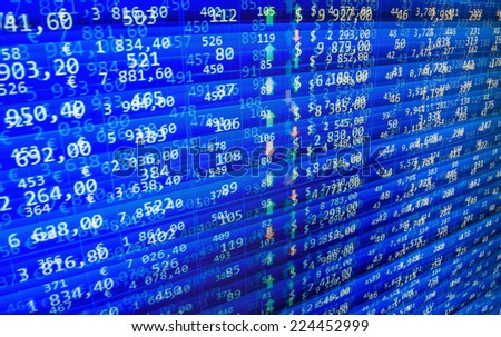 Screen live display. Financial data stock exchange. Electronic stock numbers. Finance trade data analysis. Computer online stock trade. Sale of stock exchanges. Stock market. Ticker board blue.
