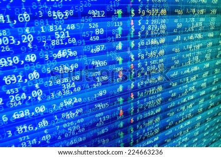 Stock profit graph for diagram. Financial symbols board. Financial symbols board. Professional bank broker workstation. Dollars table computer. Colored candle bars chart. Stock exchange rates.