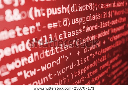 Computer red screen- danger, hacker, virus threat. Program application script code fragment. Bad software or online theft metaphore. Dark shadow and vignette spotlight effect.