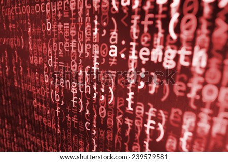 Hacker, bad software or online theft metaphore. Computer red screen- danger, virus threat. Program application script code fragment. Shadow and vignette spotlight effect. Red color.