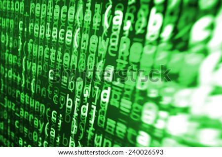 Computer script. Programming code abstract screen of software developer. Digital abstract bits data stream, cyber pattern digital background.  Selective focus effect. Green color.