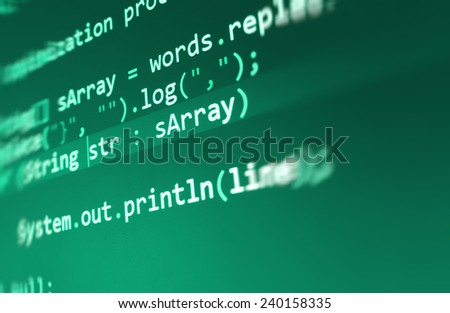 Computer script. Programming code abstract screen of software developer. Digital abstract bits data stream, cyber pattern digital background. Selective focus effect. Green color.