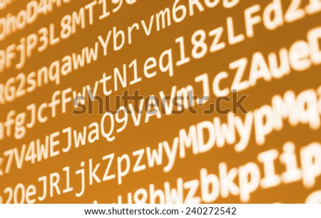 Computer script. Programming code abstract screen of software developer. Digital abstract bits data stream, cyber pattern digital background. Selective focus effect. Orange yellow color.