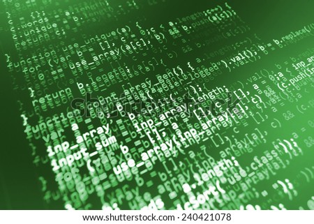 Computer script. Programming code abstract screen of software developer. Digital abstract bits data stream, cyber pattern digital background. Selective focus effect. Green color.