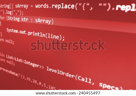 Computer script. Programming code abstract screen of software developer. Digital abstract bits data stream, cyber pattern digital background. Selective focus effect. Red color.