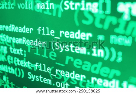Coding programming source code screen. Colorful abstract data display. Software developer web program script. Green background color, white text chars and digits.