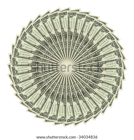 One Dollar bank notes circle stack isolated on pure white background