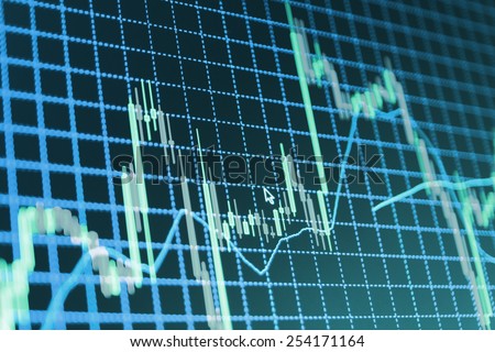 Stock market chart, graph on blue background. New modern computer and business strategy as concept. Financial diagram with candlestick chart used in market analysis for variation report of share price