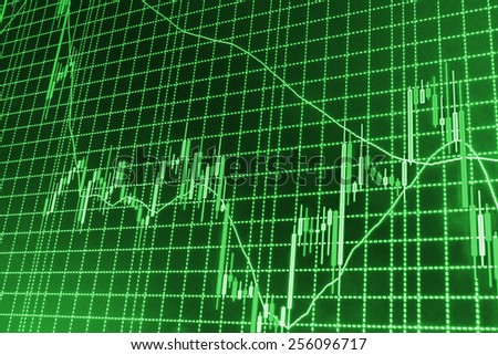 Stock market graph and bar chart price display. Abstract financial background trade colorful green, blue, red abstract. Data on live computer screen. Display of quotes pricing graph visualization