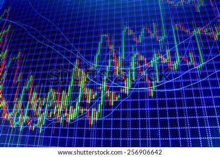 Data on live computer screen. Display of quotes pricing graph visualization. Stock market graph and bar chart price display. Abstract financial background trade colorful green, blue, red abstract.