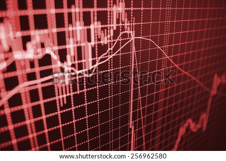 Stock exchange loss during financial crisis. Red color down chart move trend.  Stock market graph and bar chart price display on computer monitor. Abstract financial background