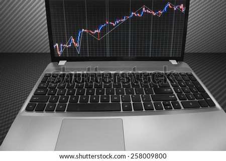 Stock market graph and bar chart price display on computer laptop monitor screen. Abstract financial background trade. Data on live computer screen. quotes pricing visualization. Trend analysis.