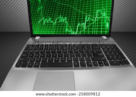 Stock market graph and bar chart price display on computer laptop monitor screen. Abstract financial background trade. Data on live computer screen. quotes pricing visualization. Trend analysis.