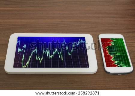 Smartphone tablet app trader bank screen. Office deviece on wooden desk. Display of quotes pricing graph visualization. Stock market graph and bar chart price. Abstract financial background trade