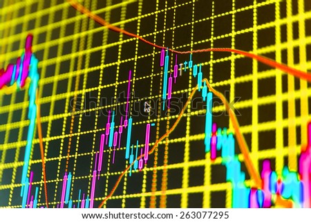 Data on live computer screen. Display of quotes pricing graph visualization. Stock market graph and bar chart price display. Abstract financial background trade colorful  yellow blue pink abstract.