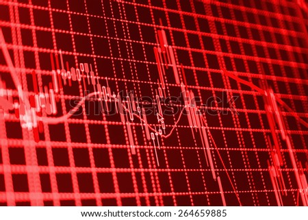 Stock chart graph of market share prices of company. Live on monitor desktop screen monitor. Business background. Red color.