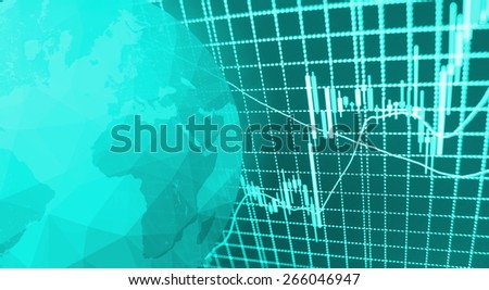 Globe Earth Icon and Stock market graph and bar chart price display. Data on live computer screen. Display of quotes pricing graph visualization.