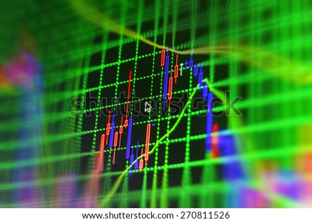 Stock trading chart on monitor screen. Finance background. Green color.