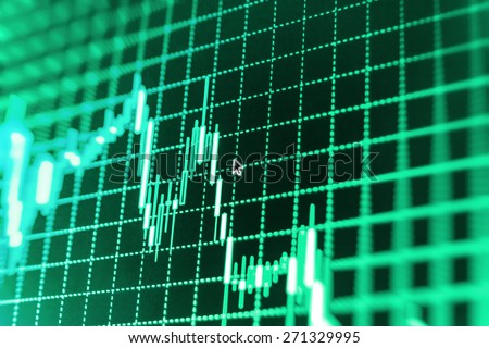 Stock trading chart on monitor screen. Finance background. Green color.