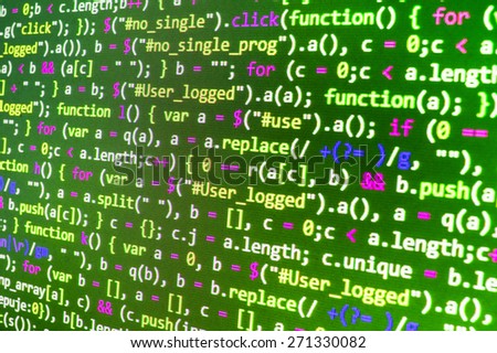 Programming source code abstract screen of software developer. Computer script. Green color.