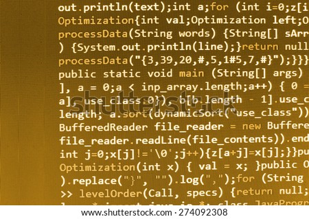 Coding programmer abstract background. Computer language script code screen. Yellow color.