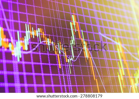 Stock market chart, graph on blue background. New modern computer and business strategy as concept. Financial diagram with candlestick chart used in market analysis for variation report of share price