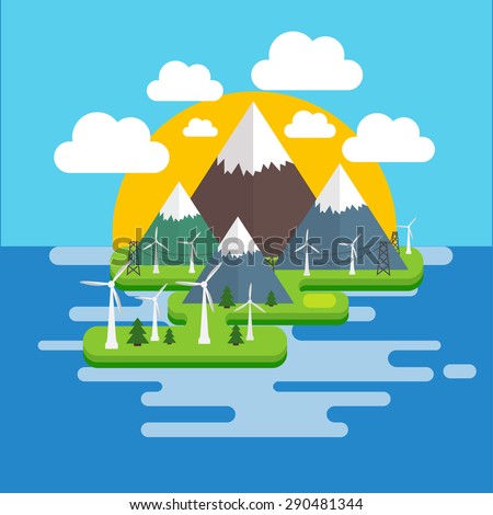 Vector illustration in a flat style of environmentally friendly types of energy, environment, wind power plants on the island in the ocean.