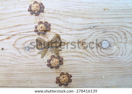accessory from wool and wood on wood  plate texture background