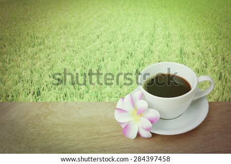 black coffee and purple flower on paddy field background in warm tone