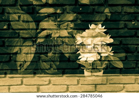white flower vase on table with old dirty brick wall background in vintage tone