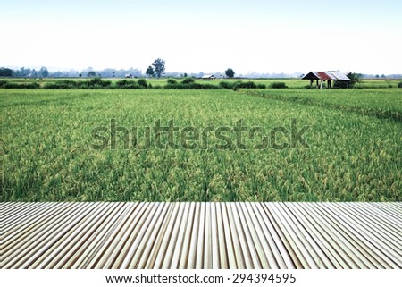 bamboo floor on blur paddy field background in dry paint style