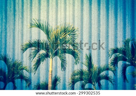 palm tree and blue sky with crepe paper background ,vintage tone