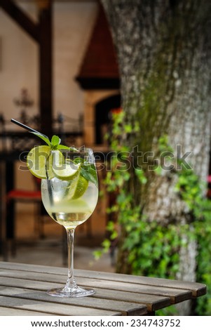 lemon cocktail drink in front of a green tree on a garden table