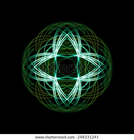 Green Physiogram, light painted pattern using a long exposure and torch.  Symmetrical abstract shape on a black background.