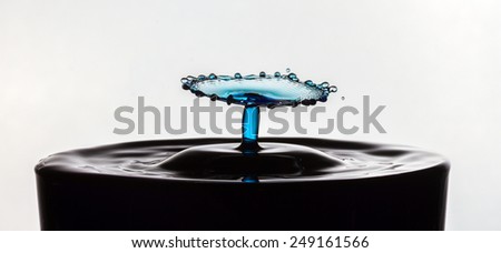 Blue water collision suspended above a glass of black water. The water looks like glass.