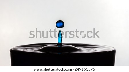 Blue water drop suspended above another drop over what looks like black water.  Water drop collisions.