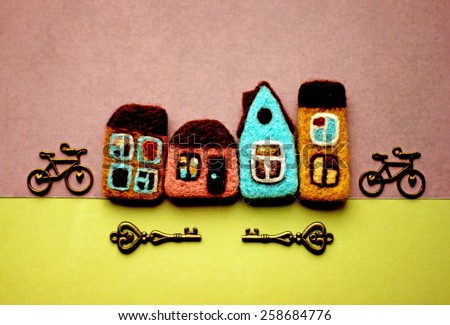 vintage  decorative design cityscape with real estate, houses, keys, bicycles.