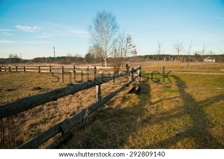 village landscape, wooden fence, spring