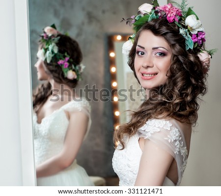 Smiling curly Bride Portrait wedding makeup, wedding hairstyle, Wedding dress