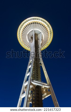 Seattle, Washington, USA - June 5, 2014: Lighted Space Needle tower in Seattle at twilight time.