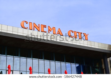 TIMISOARA, ROMANIA, APRIL 6, 2014: Cinema City logo on the roof of the Iulius Mall shopping center, Timisoara, Romania, April 6th, 2014