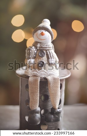 Cheerful Christmas snowman with scarf , mittens and hat