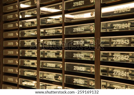 Mailboxes in condominium, postal room building facility