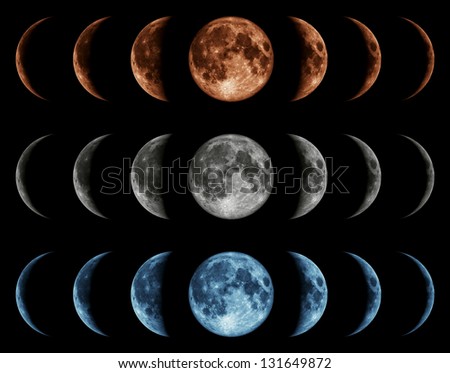 Seven phases of the moon isolated on black background. Gray, blue, red. Elements of this image furnished by NASA