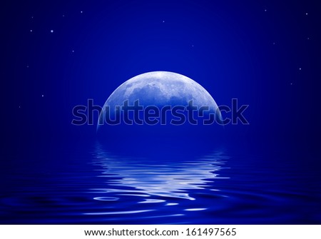 The moon is reflected in a wavy water