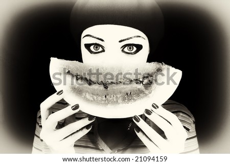 Portrait of the mime  with a water-melon piece\
\
MORE  IMAGES FROM THIS SERIES IN MY PORTFOLIO