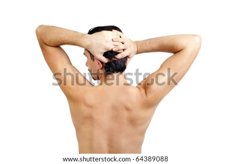 stock photo Back of young naked man with beautiful body isolated on white 